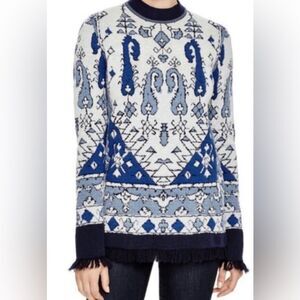 Tory Burch Sweater Womens‎ XS Lisbon Jacquard Tapestry Fringe Wool Malibu Blue